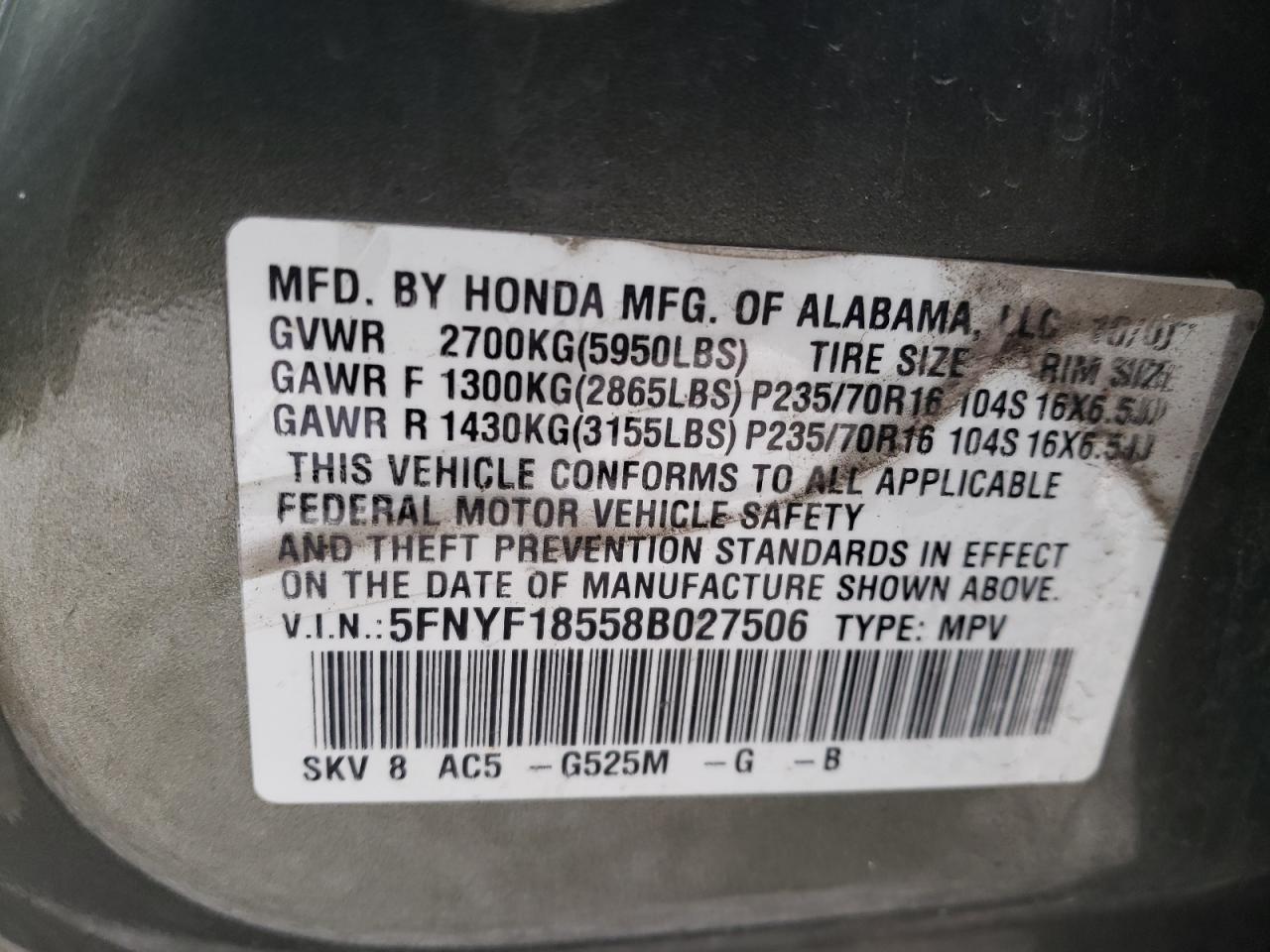 Photo 10 from auction – 2008 HONDA PILOT EXL with VIN 5FNYF18558B027506