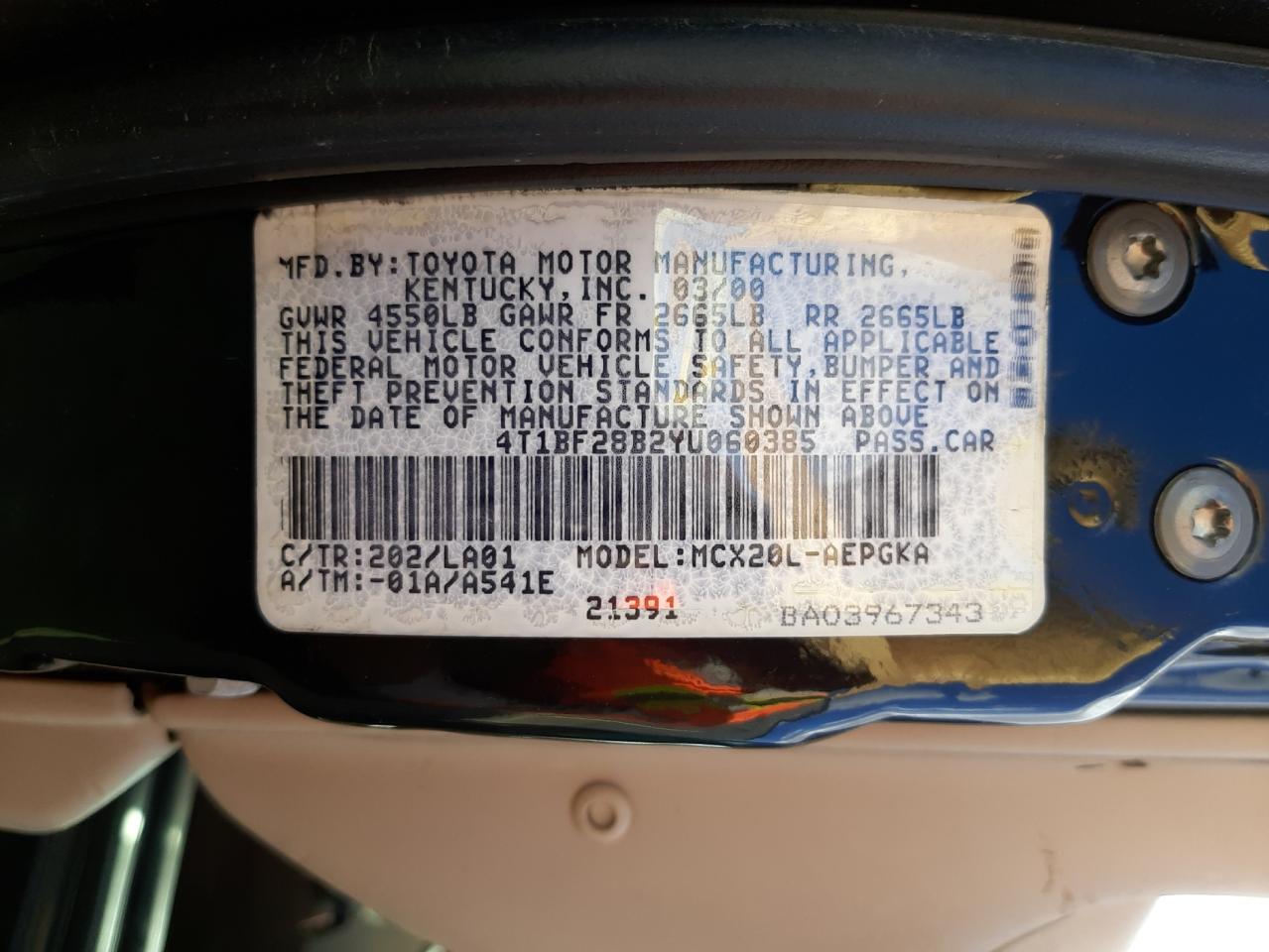 Photo 10 from auction – 2000 TOYOTA AVALON XL with VIN 4T1BF28B2YU060385