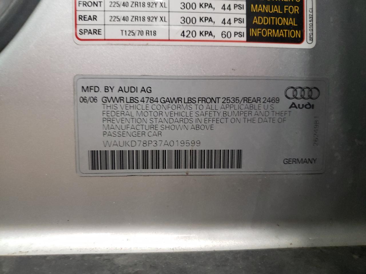 Photo 10 from auction – 2007 AUDI A3 QUATTRO with VIN WAUKD78P37A019599
