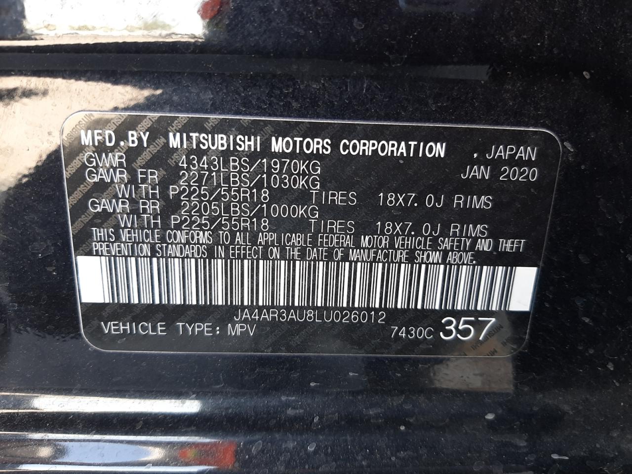 Photo 10 from auction – 2020 MITSUBISHI OUTLANDER with VIN JA4AR3AU8LU026012