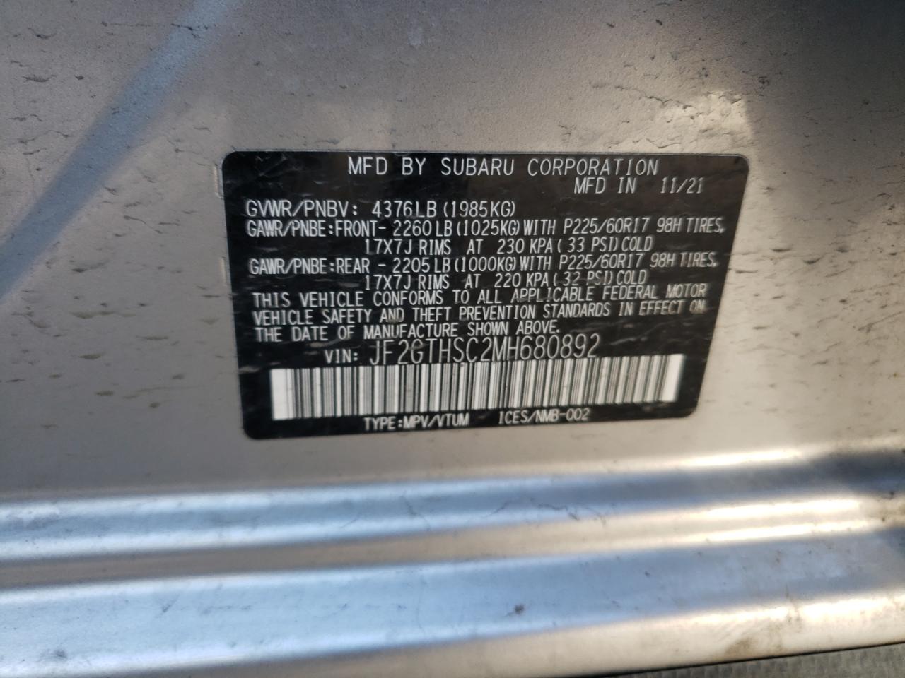 Фото 10 с аукциона – 2021 SUBARU CROSSTREK с VIN JF2GTHSC2MH680892