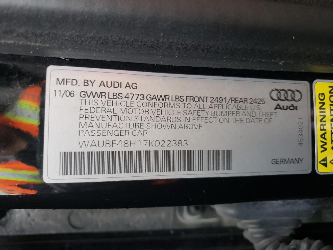 Photo 10 from auction – 2007 AUDI A4 S-LINE with VIN WAUBF48H17K022383