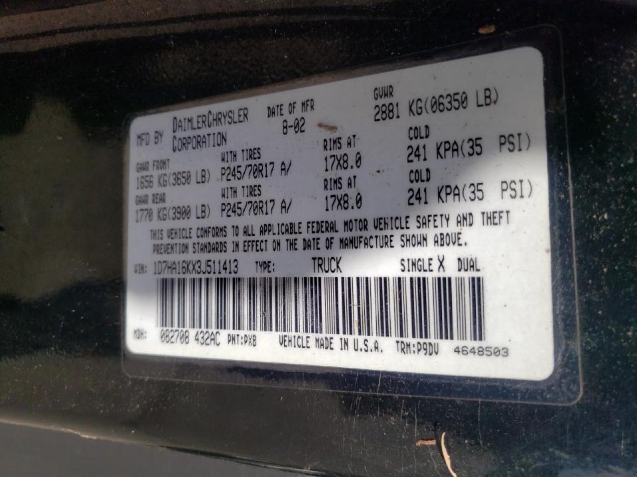 Photo 10 from auction – 2003 DODGE RAM 1500 S with VIN 1D7HA16KX3J511413