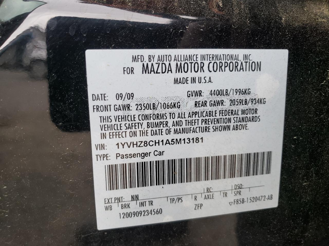 Photo 10 from auction – 2010 MAZDA 6 I with VIN 1YVHZ8CH1A5M13181