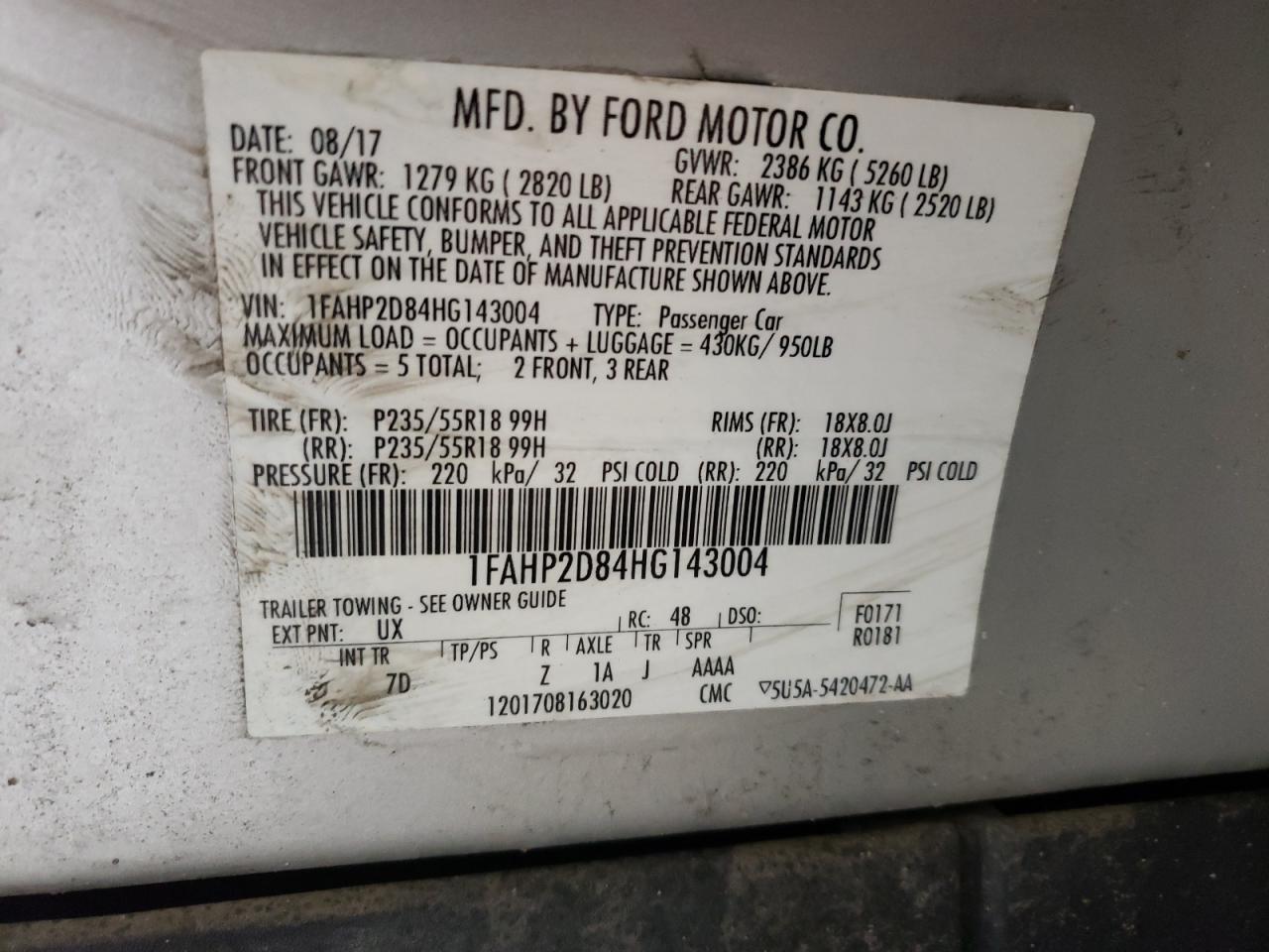 Photo 10 from auction – 2017 FORD TAURUS SE with VIN 1FAHP2D84HG143004