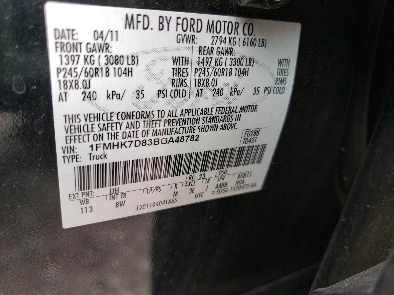 Photo 10 from auction – 2011 FORD EXPLORER X with VIN 1FMHK7D83BGA48782