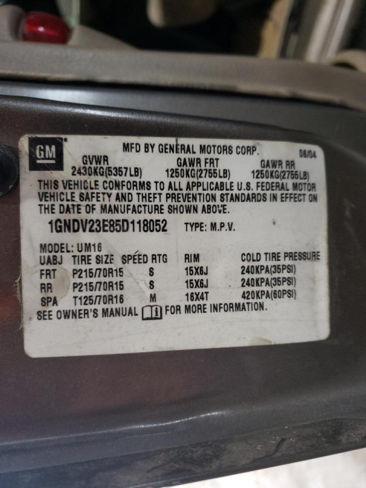 Photo 10 from auction – 2005 CHEVROLET VENTURE LS with VIN 1GNDV23E85D118052