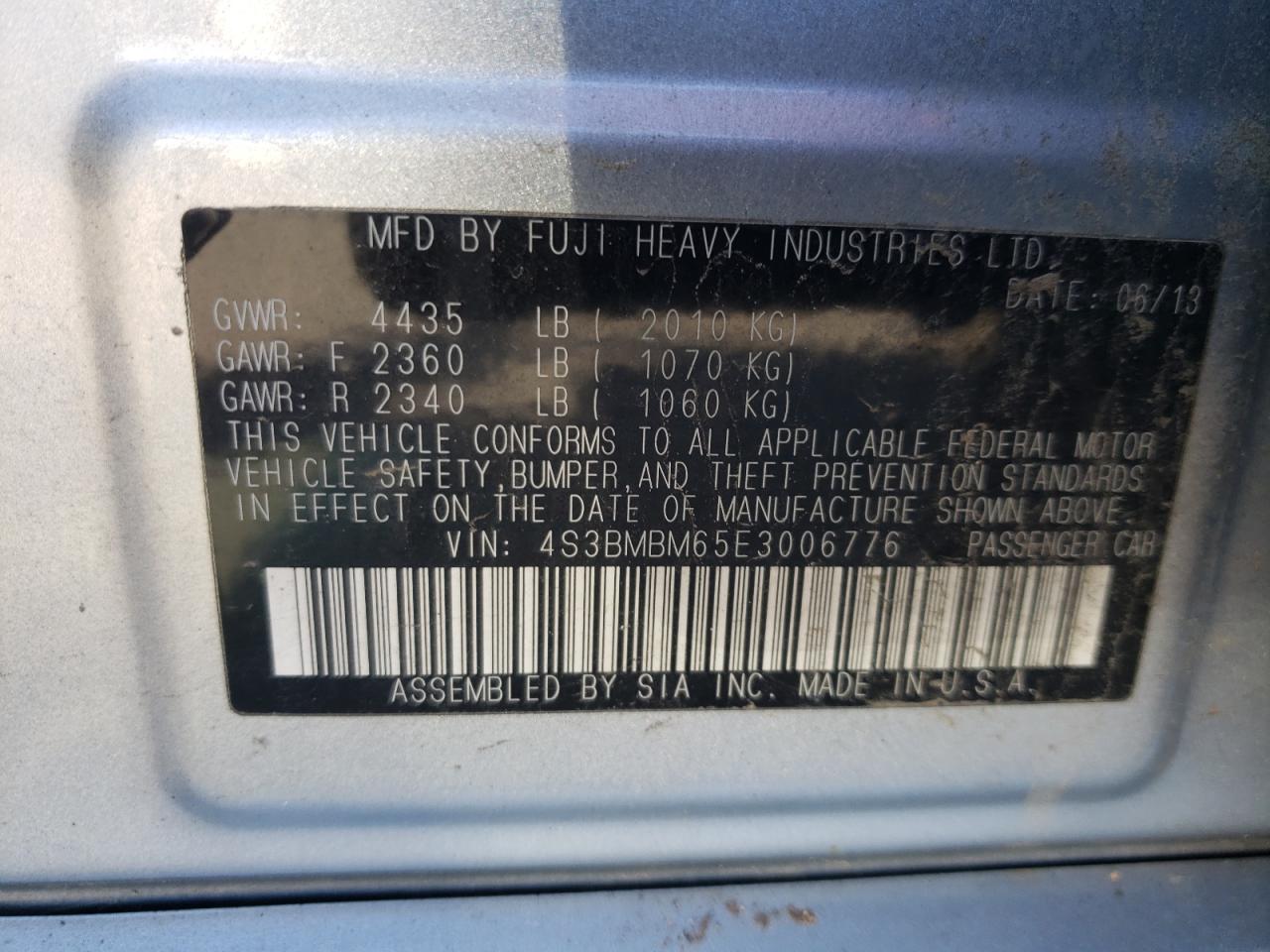 Photo 10 from auction – 2014 SUBARU LEGACY 2.5 with VIN 4S3BMBM65E3006776