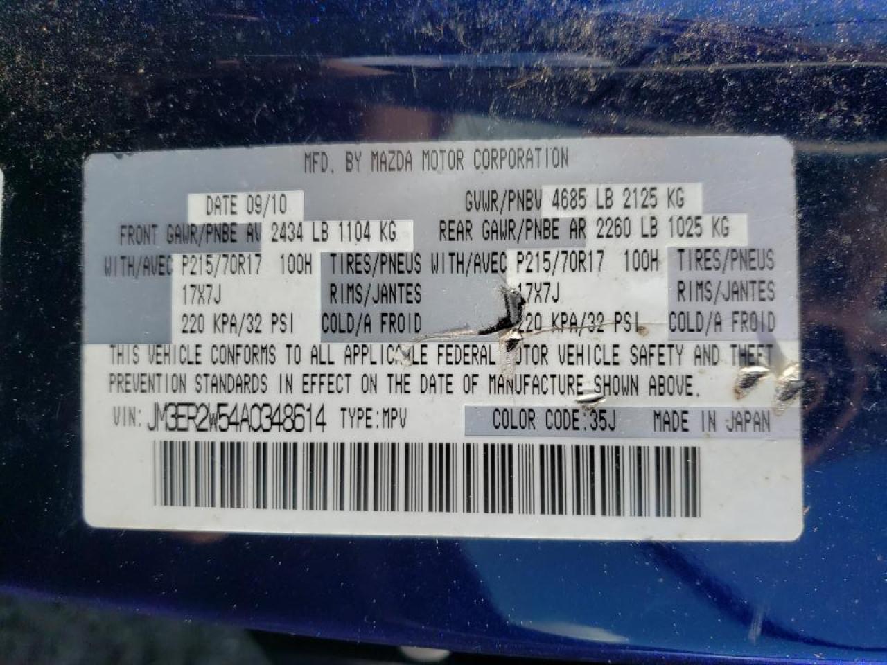 Photo 10 from auction – 2010 MAZDA CX-7 with VIN JM3ER2W54A0348614