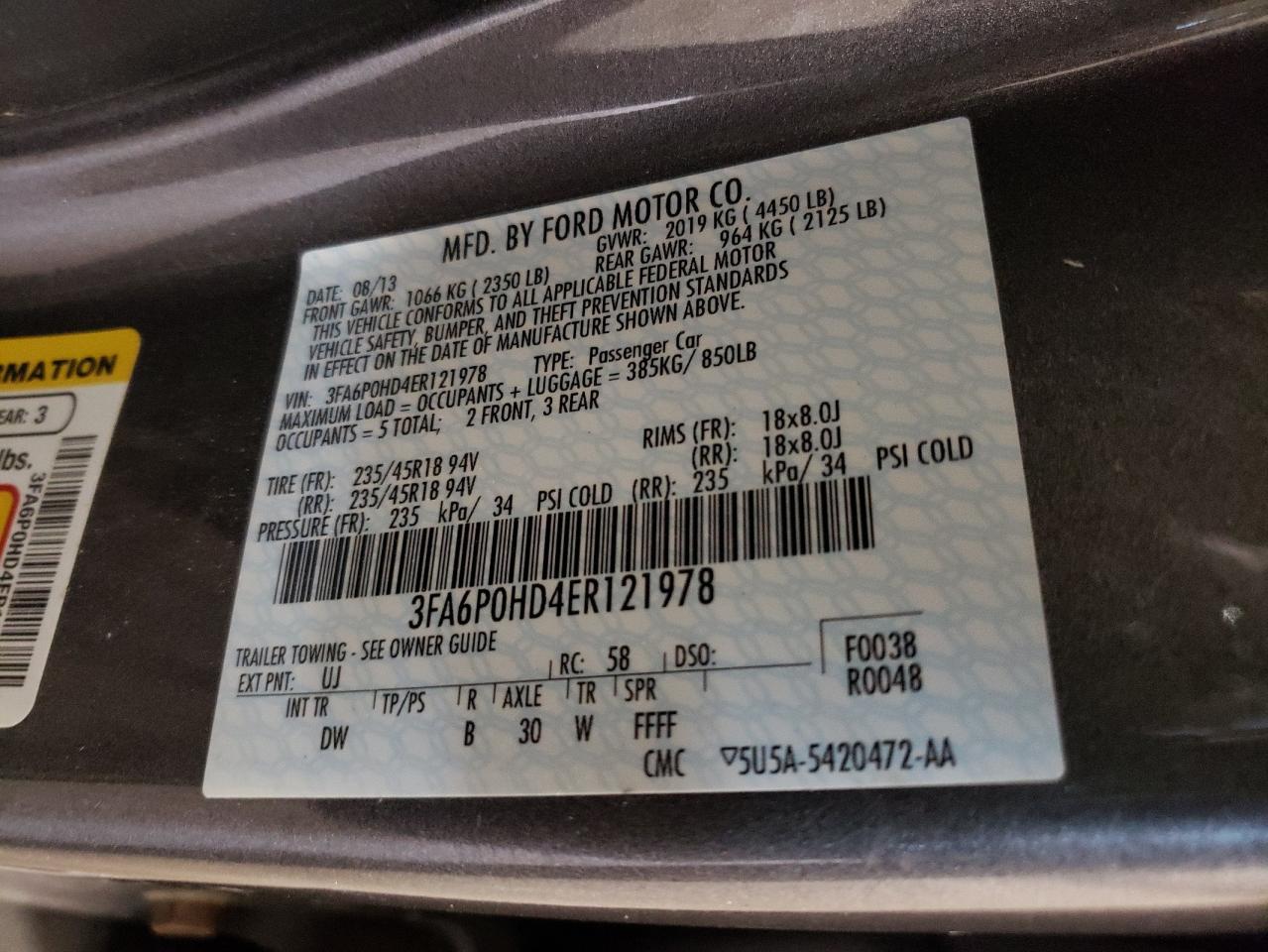 Photo 10 from auction – 2014 FORD FUSION SE with VIN 3FA6P0HD4ER121978