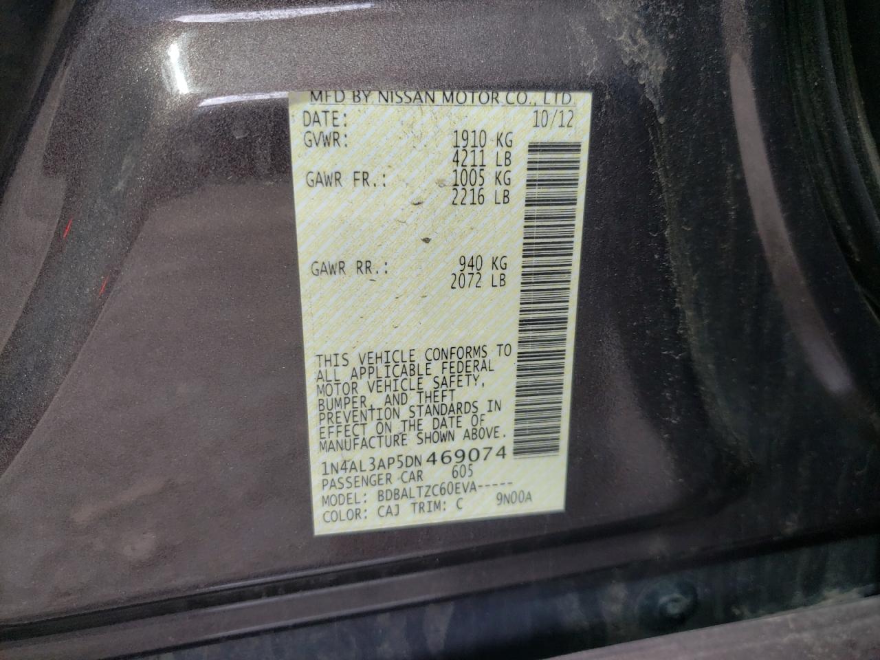 Photo 10 from auction – 2013 NISSAN ALTIMA 2.5 with VIN 1N4AL3AP5DN469074