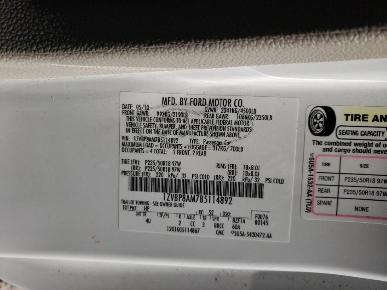 Photo 10 from auction – 2011 FORD MUSTANG with VIN 1ZVBP8AM7B5114892