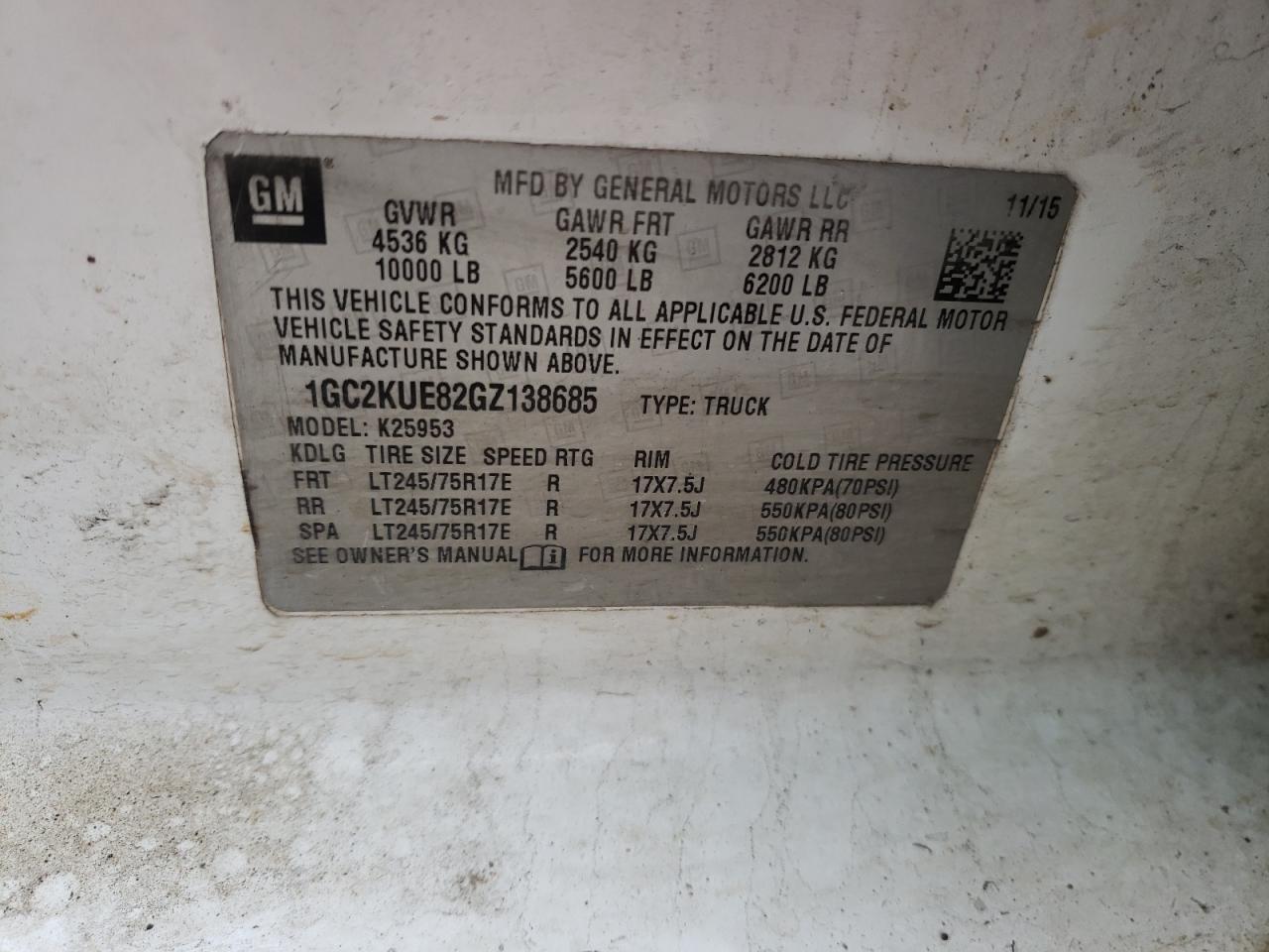 Photo 10 from auction – 2016 CHEVROLET SILVERADO with VIN 1GC2KUE82GZ138685