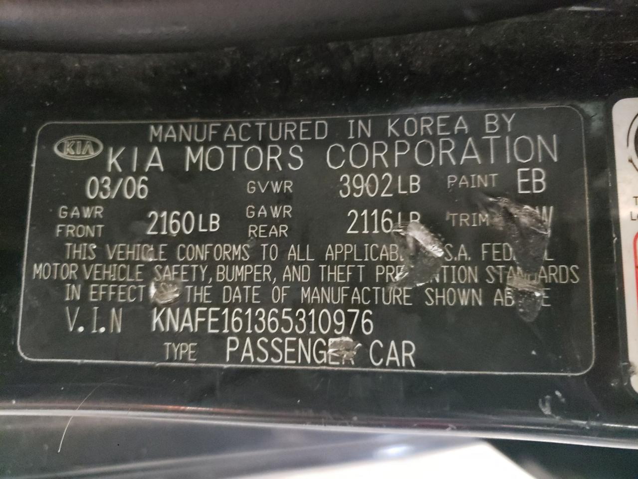 Photo 10 from auction – 2006 KIA SPECTRA with VIN KNAFE161365310976