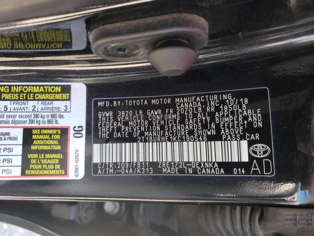 Photo 10 from auction – 2019 TOYOTA COROLLA L with VIN 2T1BURHE1KC190546