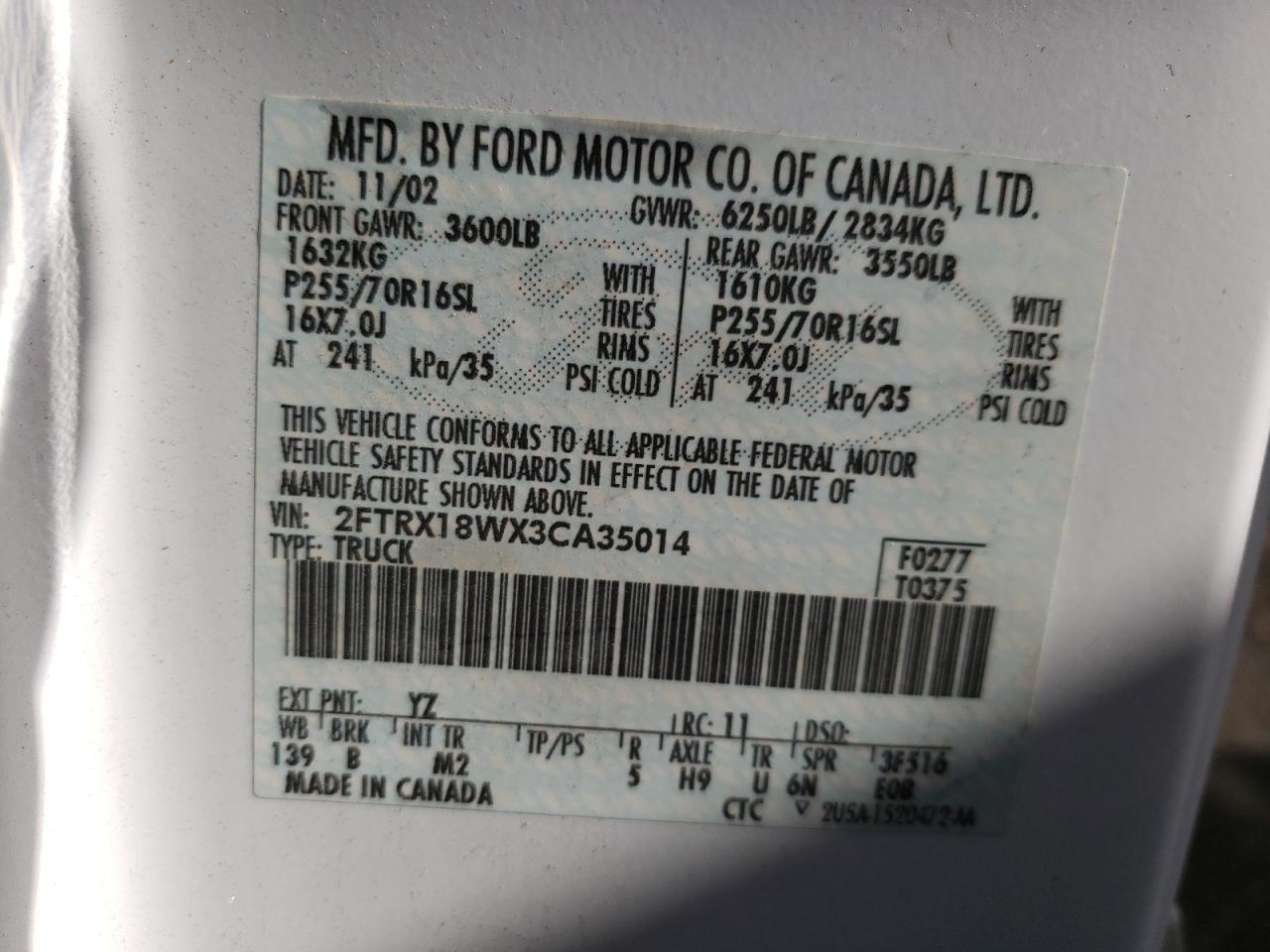 Photo 10 from auction – 2003 FORD F150 with VIN 2FTRX18WX3CA35014