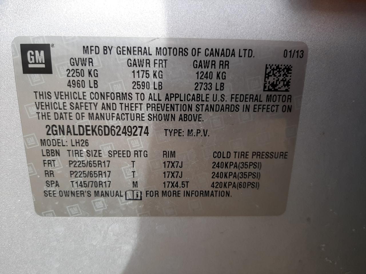 Photo 10 from auction – 2013 CHEVROLET EQUINOX LT with VIN 2GNALDEK6D6249274
