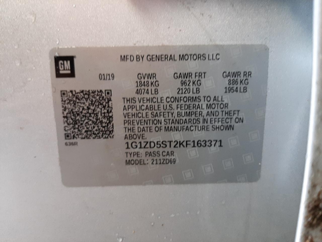 Photo 10 from auction – 2019 CHEVROLET MALIBU LT with VIN 1G1ZD5ST2KF163371
