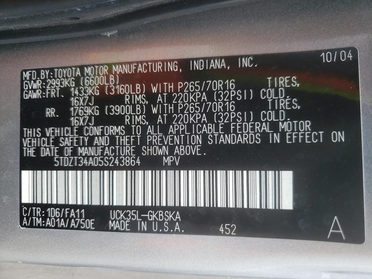 Photo 10 from auction – 2005 TOYOTA SEQUOIA SR with VIN 5TDZT34A05S243864