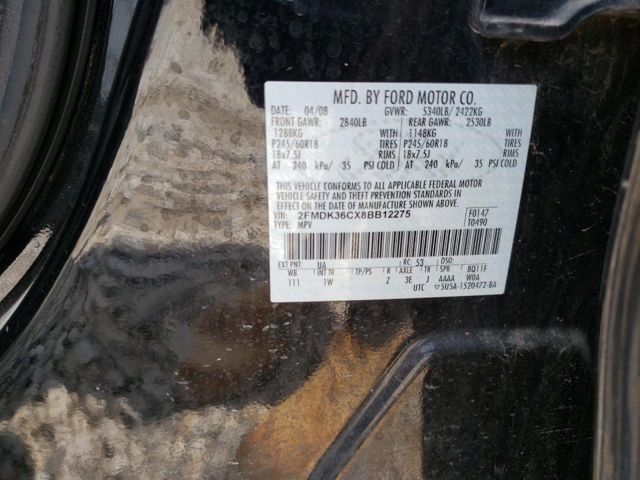 Photo 10 from auction – 2008 FORD EDGE SE with VIN 2FMDK36CX8BB12275