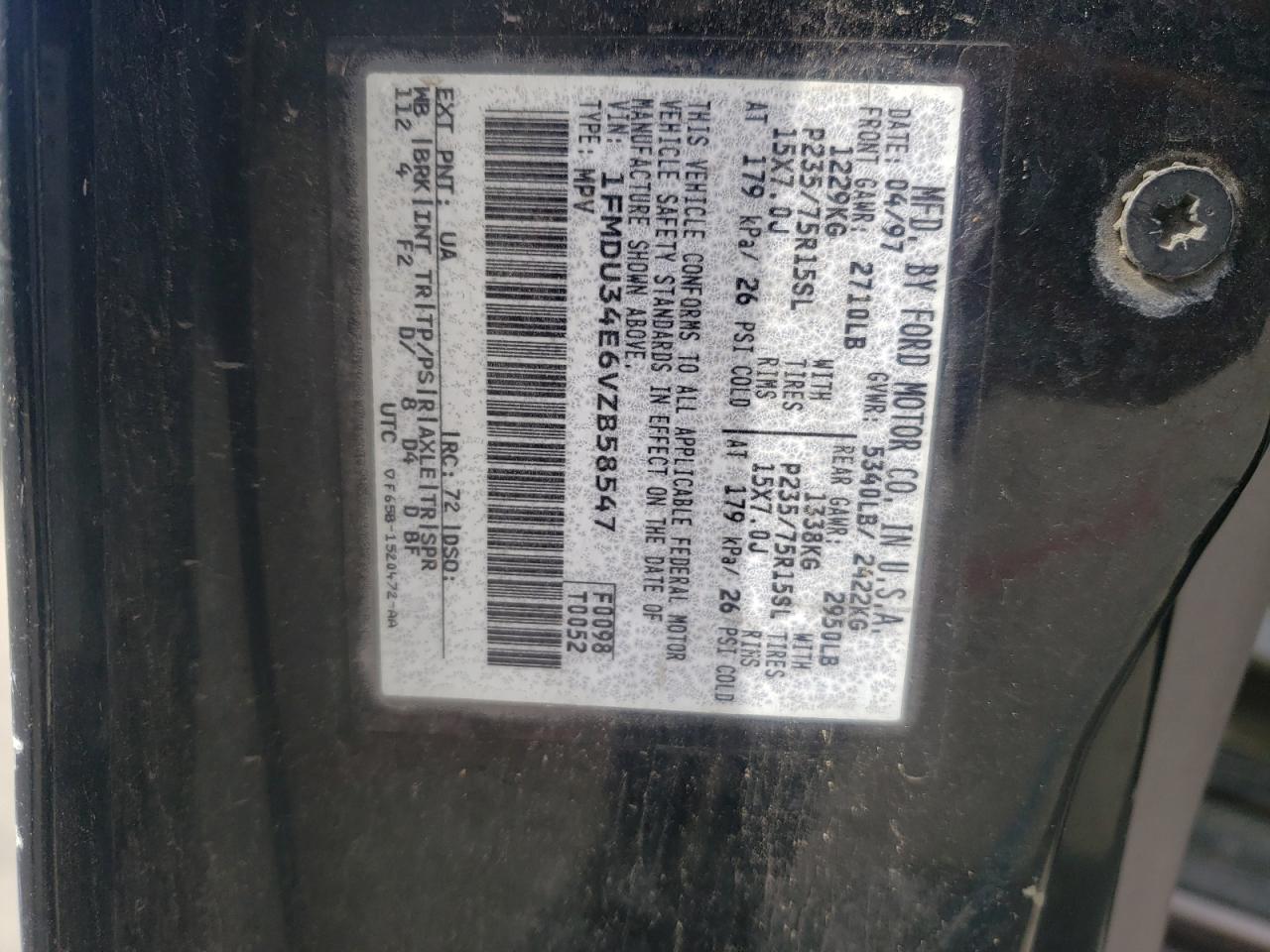 Photo 10 from auction – 1997 FORD EXPLORER with VIN 1FMDU34E6VZB58547