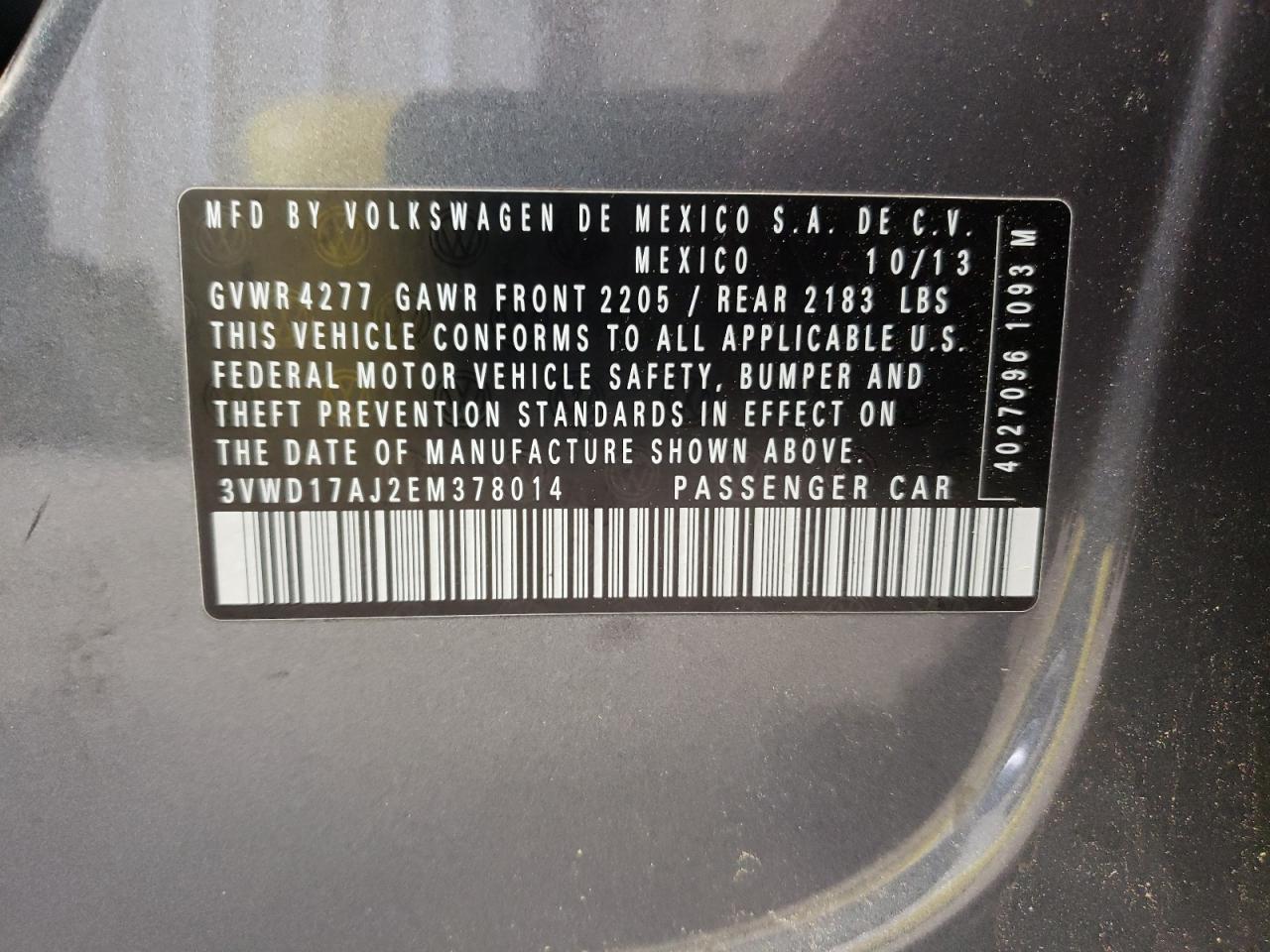 Photo 10 from auction – 2014 VOLKSWAGEN JETTA SE with VIN 3VWD17AJ2EM378014