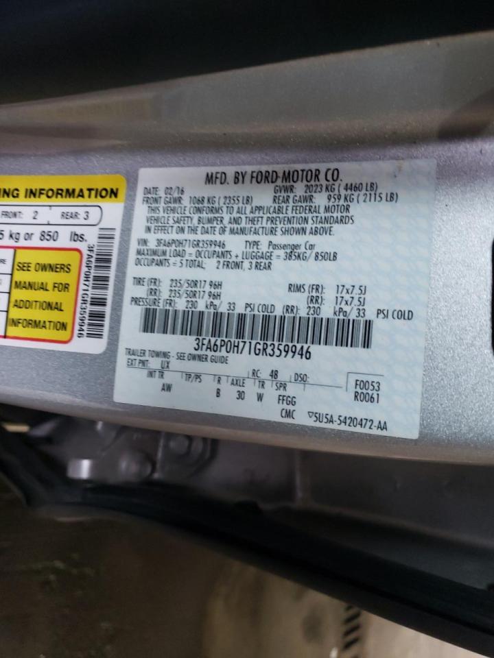 Photo 10 from auction – 2016 FORD FUSION SE with VIN 3FA6P0H71GR359946