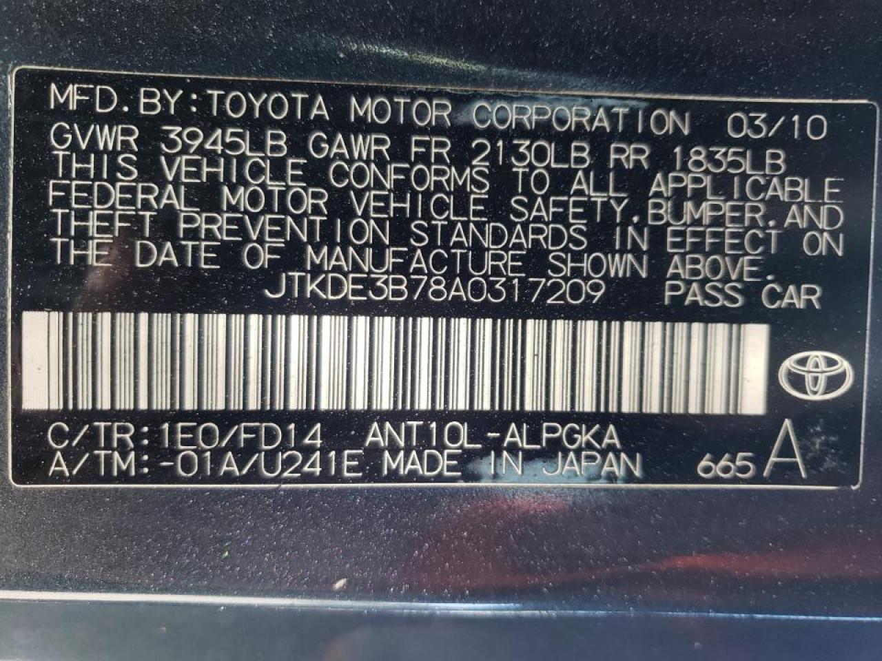 Photo 10 from auction – 2010 TOYOTA SCION TC with VIN JTKDE3B78A0317209