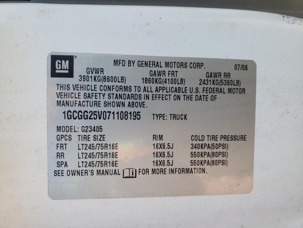 Photo 10 from auction – 2007 CHEVROLET EXPRESS G2 with VIN 1GCGG25V071108195