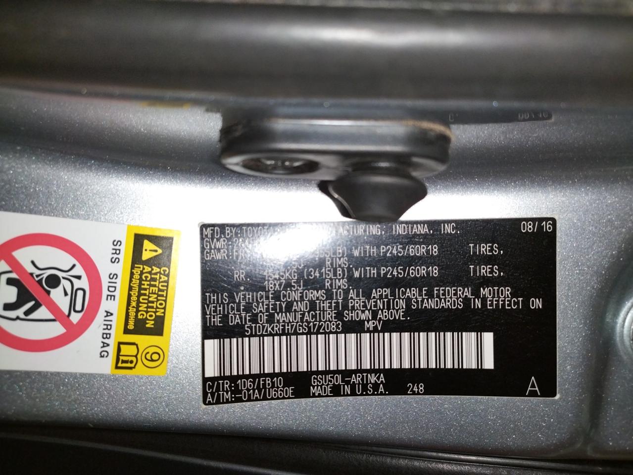 Photo 10 from auction – 2016 TOYOTA HIGHLANDER with VIN 5TDZKRFH7GS172083