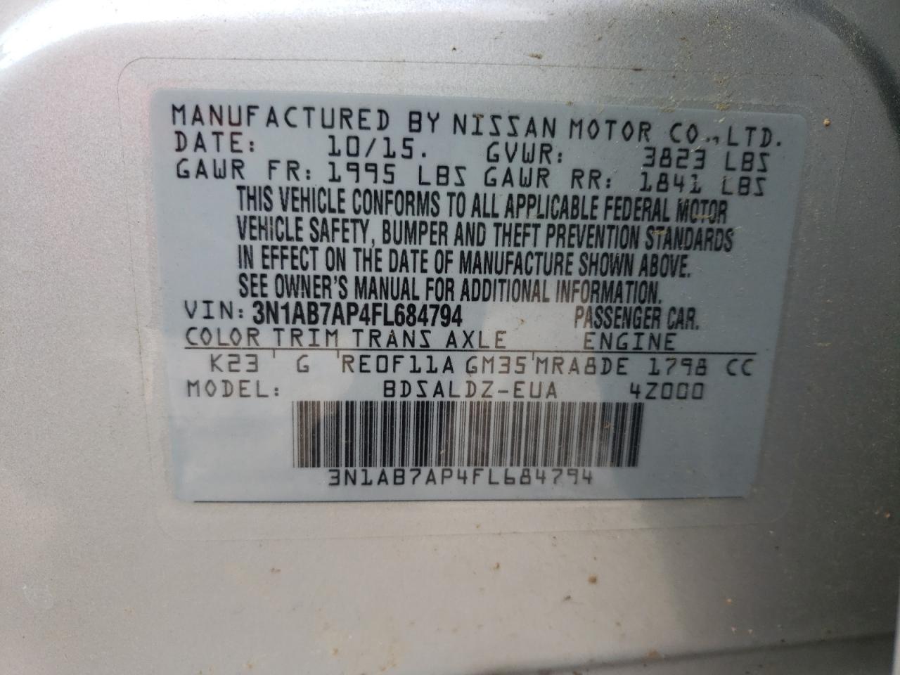 Photo 10 from auction – 2015 NISSAN SENTRA S with VIN 3N1AB7AP4FL684794
