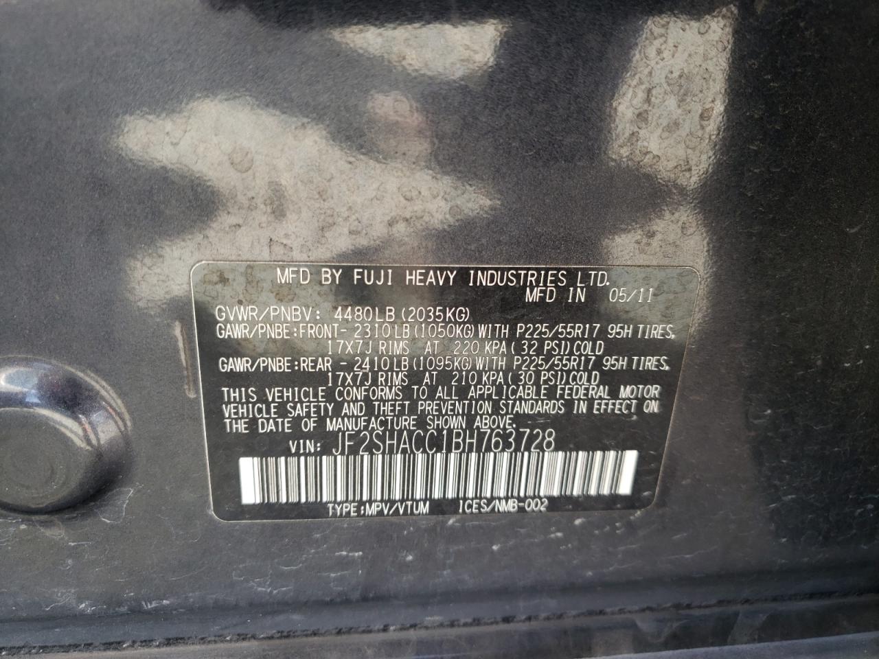 Photo 10 from auction – 2011 SUBARU FORESTER 2 with VIN JF2SHACC1BH763728