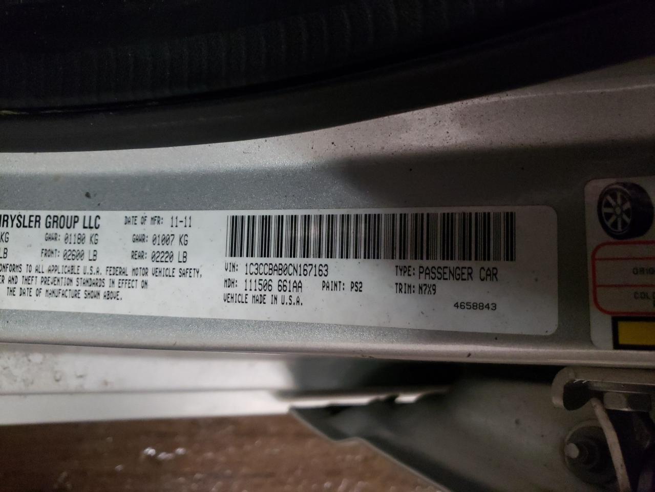 Photo 10 from auction – 2012 CHRYSLER 200 LX with VIN 1C3CCBAB0CN167163