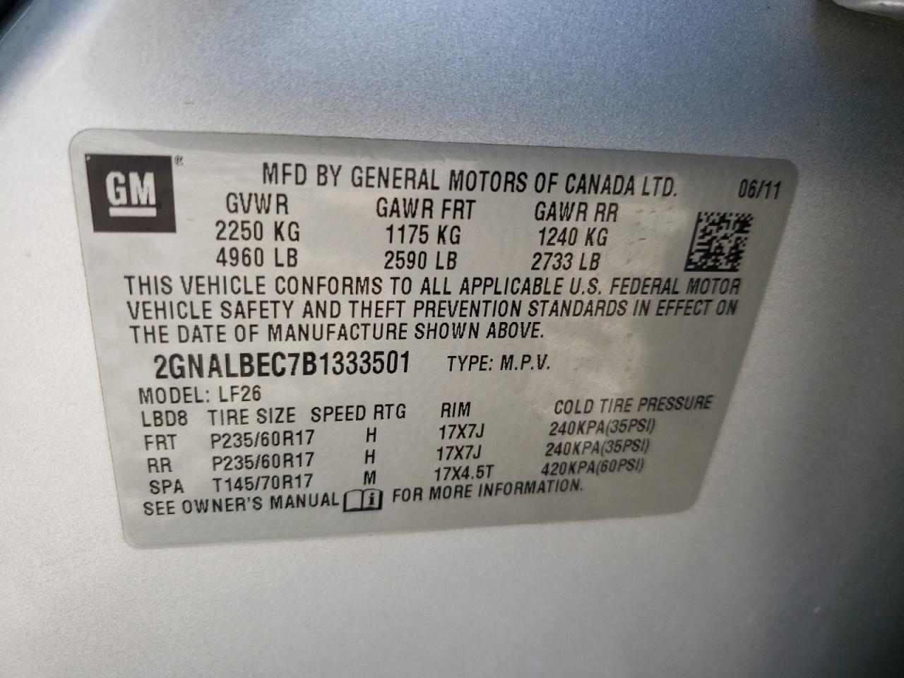 Photo 10 from auction – 2011 CHEVROLET EQUINOX LS with VIN 2GNALBEC7B1333501