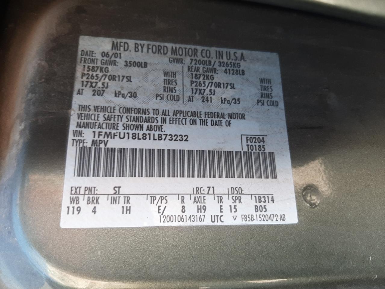 Foto 10 de la subasta – 2001 FORD EXPEDITION con VIN 1FMFU18L81LB73232