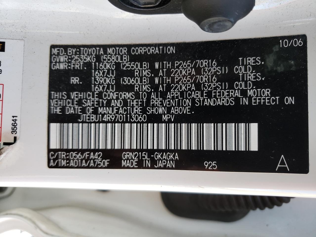 Photo 10 from auction – 2007 TOYOTA 4RUNNER SR with VIN JTEBU14R970113060