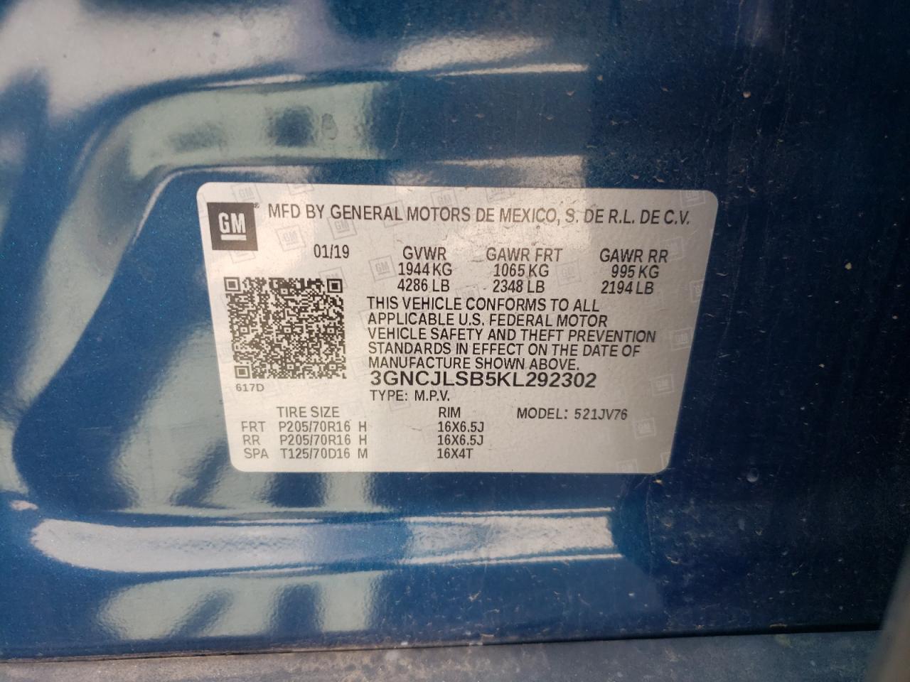 Photo 10 from auction – 2019 CHEVROLET TRAX 1LT with VIN 3GNCJLSB5KL292302