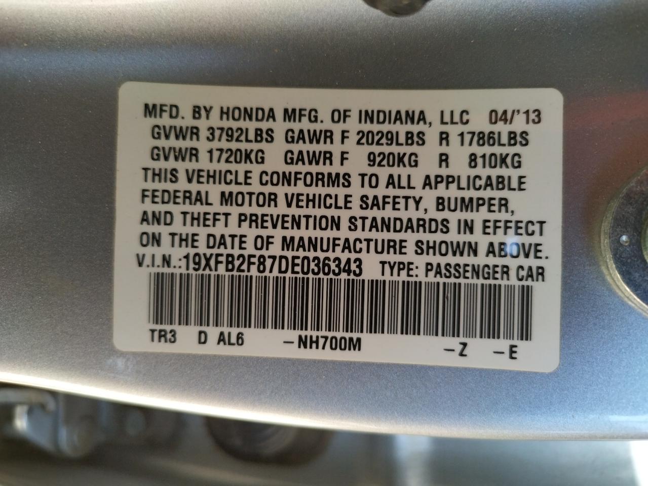 Photo 10 from auction – 2013 HONDA CIVIC EX with VIN 19XFB2F87DE036343