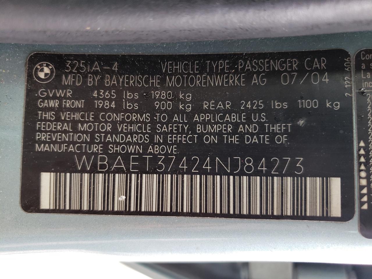 Photo 10 from auction – 2004 BMW 325 I with VIN WBAET37424NJ84273