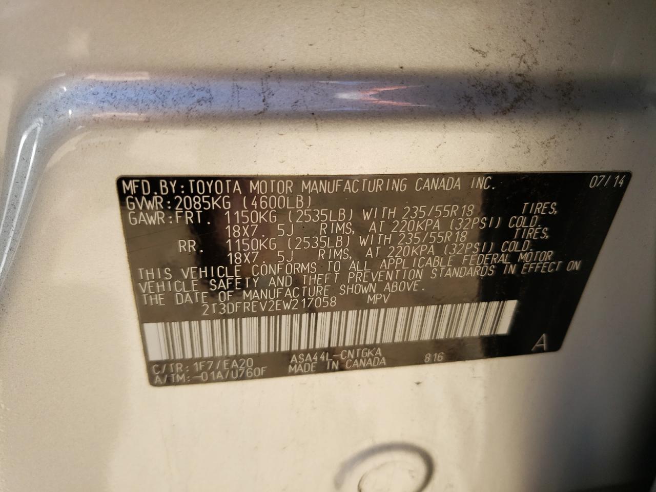 Photo 10 from auction – 2014 TOYOTA RAV4 LIMIT with VIN 2T3DFREV2EW217058