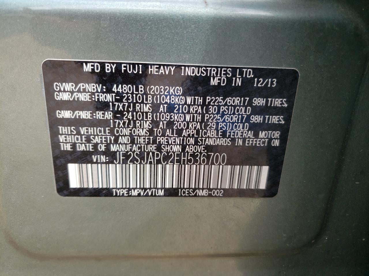 Photo 9 from auction – 2014 SUBARU FORESTER 2 with VIN JF2SJAPC2EH536700