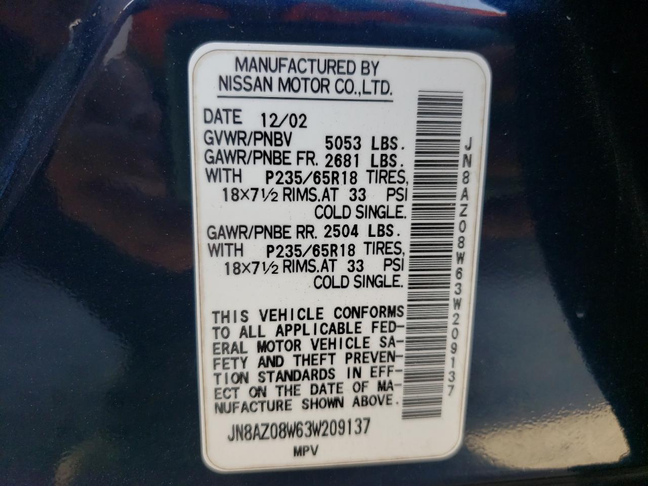 Photo 10 from auction – 2003 NISSAN MURANO SL with VIN JN8AZ08W63W209137