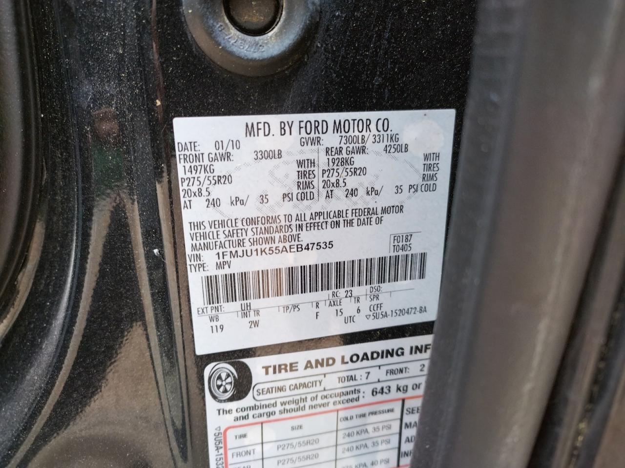 Photo 10 from auction – 2010 FORD EXPEDITION with VIN 1FMJU1K55AEB47535
