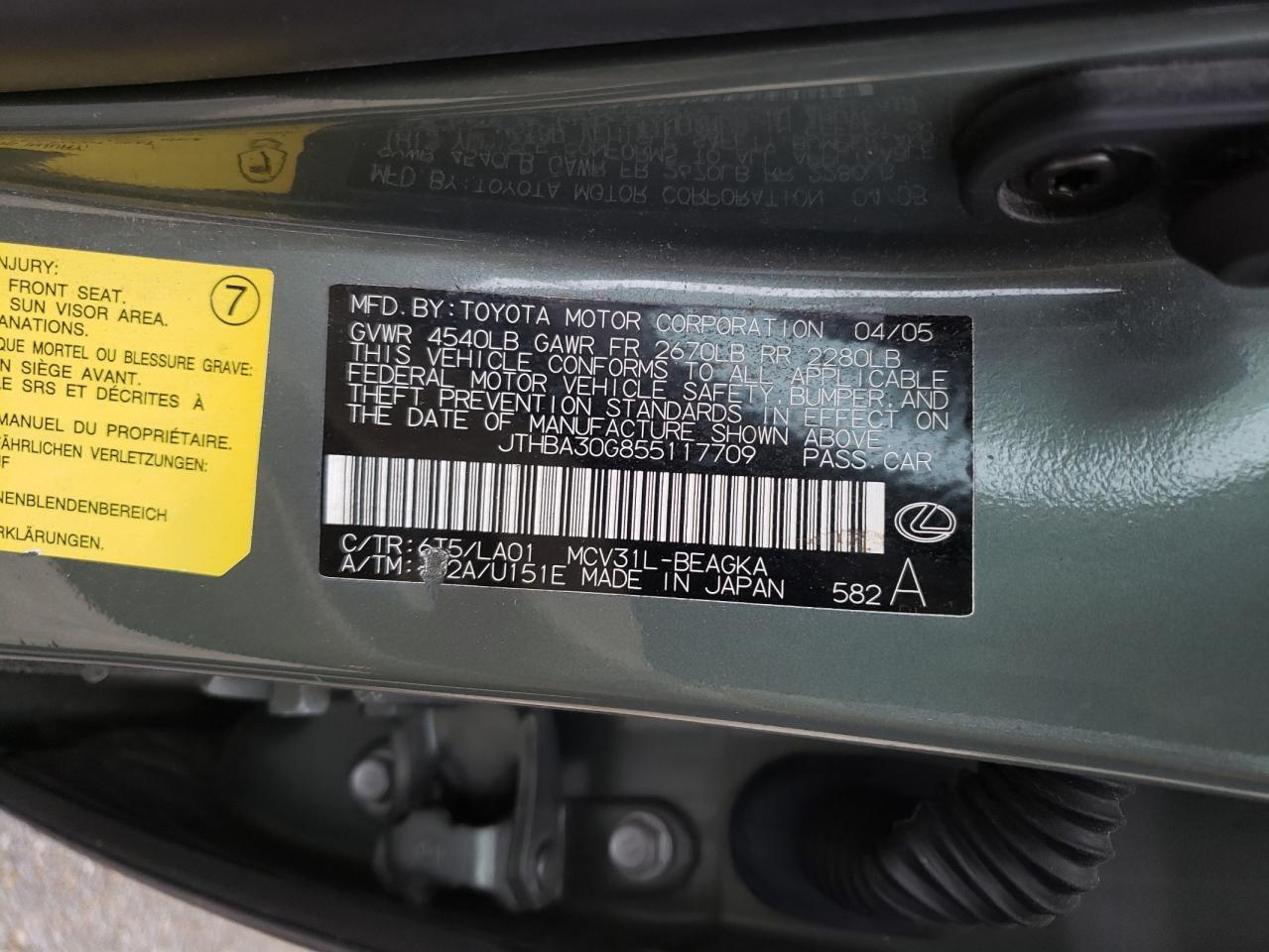 Photo 10 from auction – 2005 LEXUS ES 330 with VIN JTHBA30G855117709