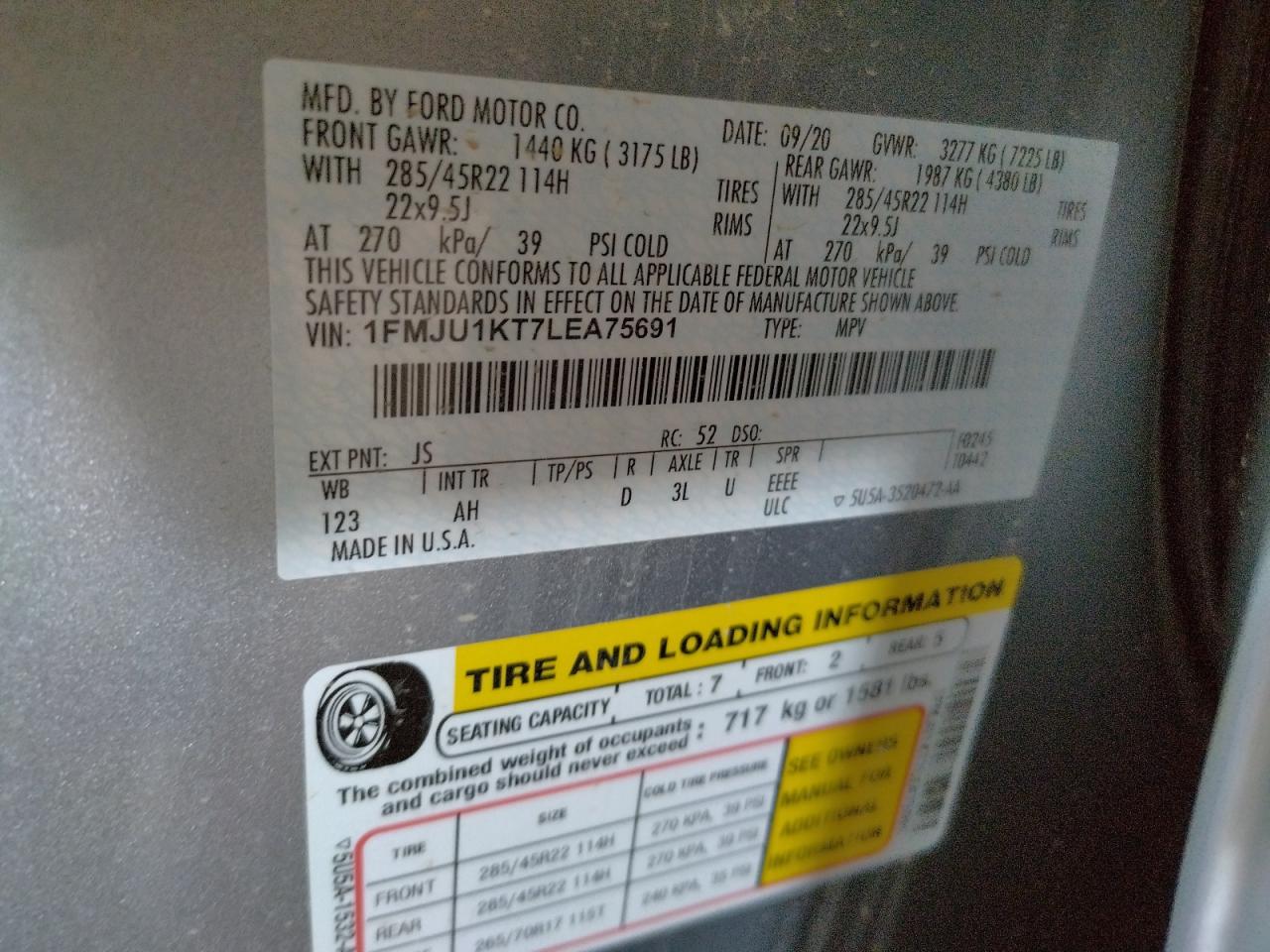 Photo 10 from auction – 2020 FORD EXPEDITION with VIN 1FMJU1KT7LEA75691