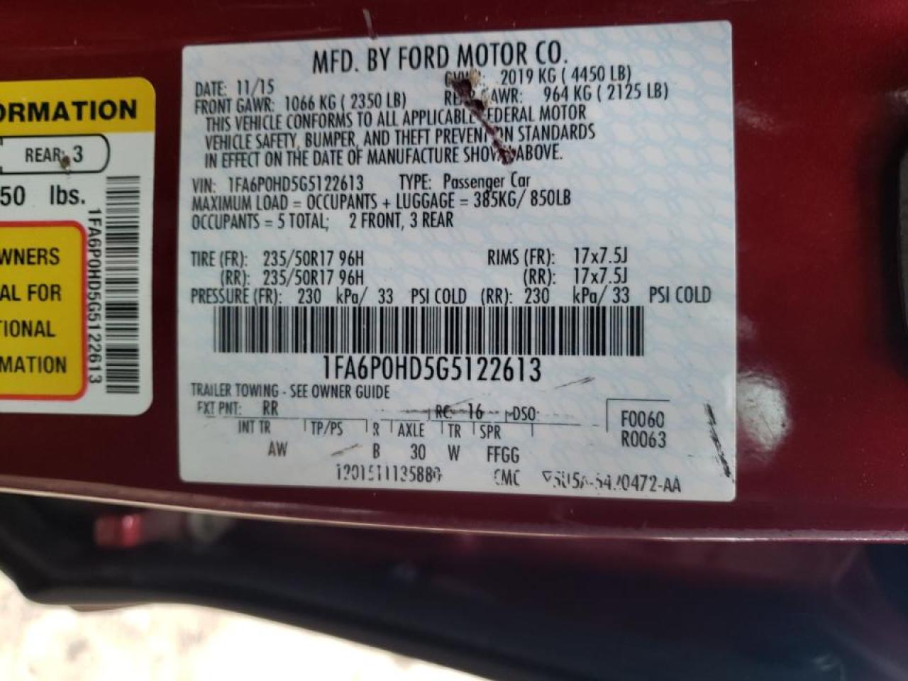 Photo 10 from auction – 2016 FORD FUSION SE with VIN 1FA6P0HD5G5122613