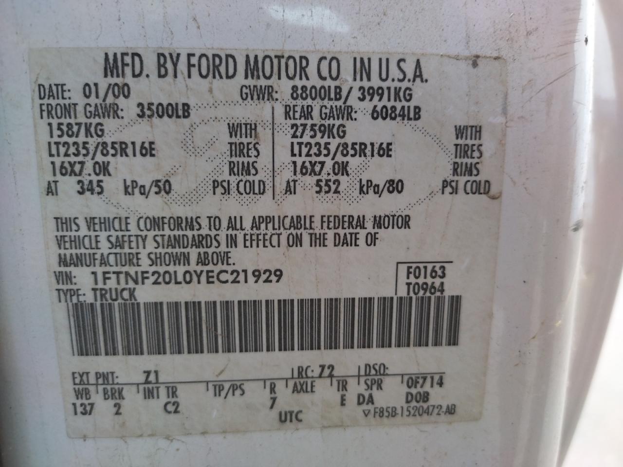 Photo 10 from auction – 2000 FORD F250 SUPER with VIN 1FTNF20L0YEC21929