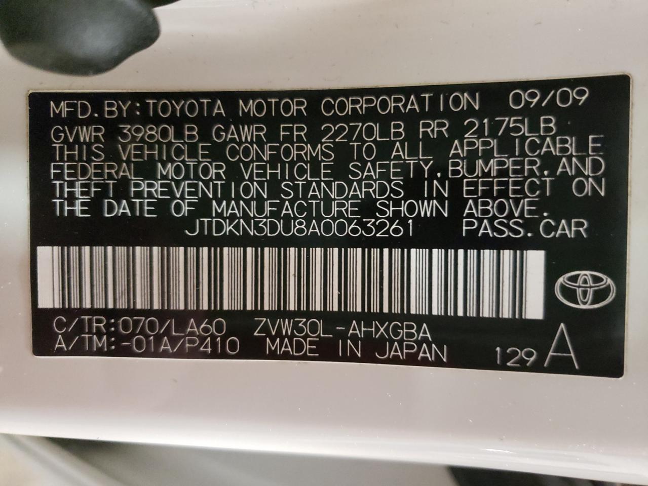 Photo 10 from auction – 2010 TOYOTA PRIUS with VIN JTDKN3DU8A0063261