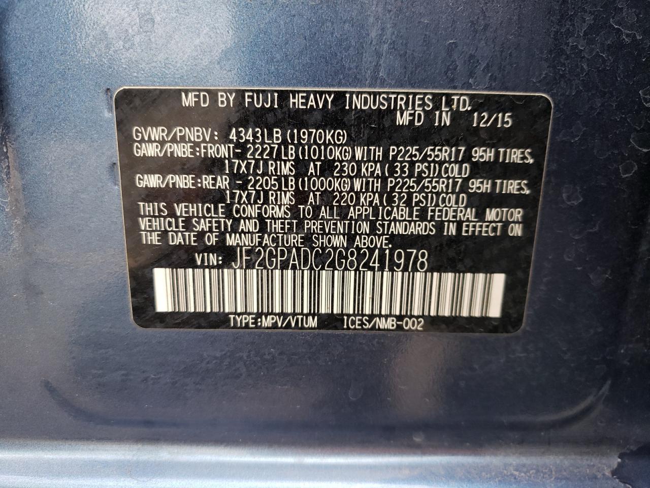 Photo 10 from auction – 2016 SUBARU CROSSTREK with VIN JF2GPADC2G8241978