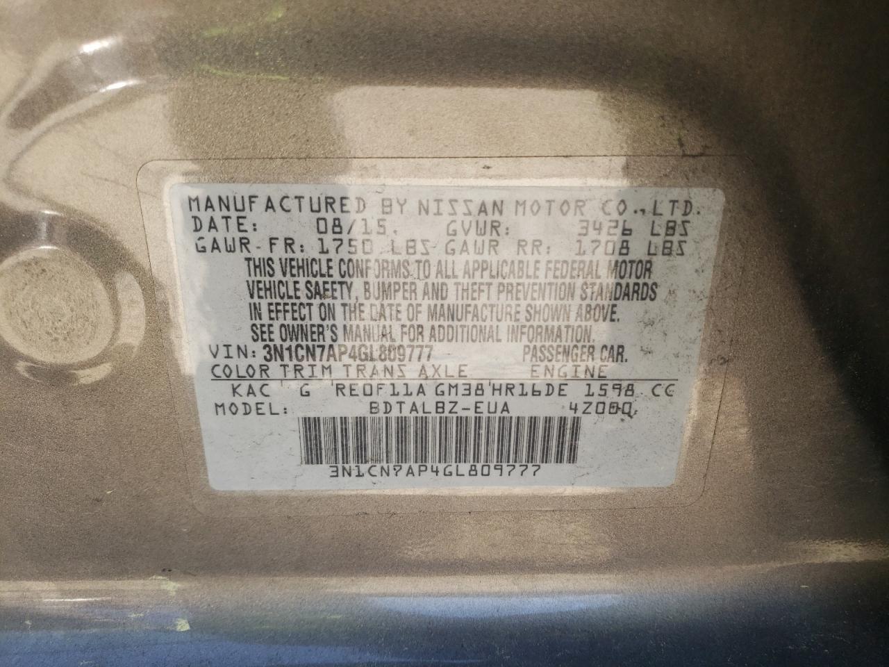 Photo 10 from auction – 2016 NISSAN VERSA S with VIN 3N1CN7AP4GL809777